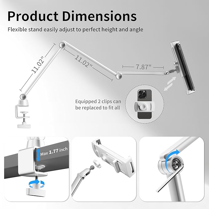 LULULOOK iPad Stand, Aluminum Alloy Mount - Adjustable for Desk, Compatible with iPad Pro 12.9, Mini, Galaxy Tabs, iPhone 16 Pro Max, Kindle, Tablet 4.7"-13" (2 Clips)