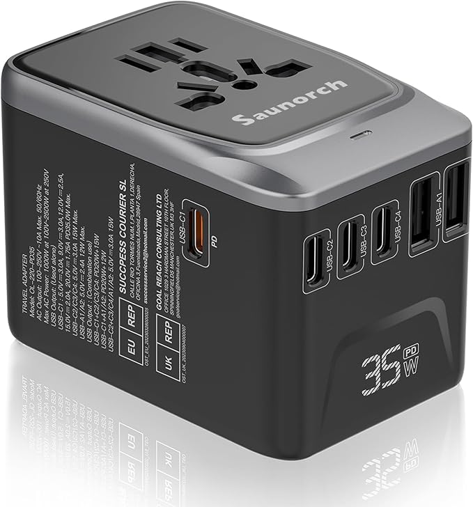Universal Travel Adapter, PD 35W 7 in 1 International Power Plug Adapter with 7.0A 4 USB-C and 2 USB-A Fast Wall Charger, Worldwide AC Outlet for US Europe UK AUS (Black+Silver)