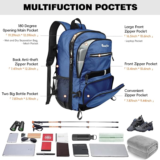 Seektop 40L Hiking Backpack Foldable Daypack for Women Men, Lightweight Travel Backpack Carry on Flight Approved for Camping School Work Business Leisure (Blue)