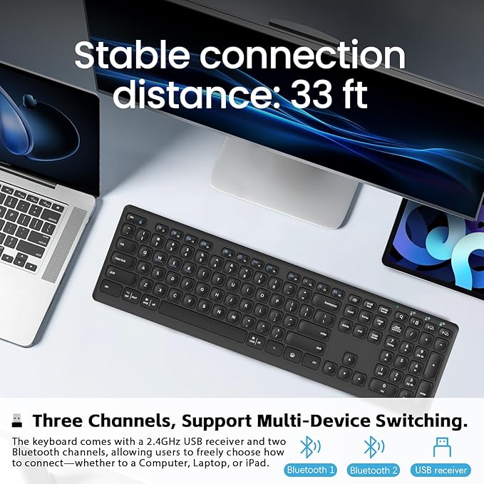K9300 Multi-Functional Keyboard, 2.4G Wireless USB and Dual Bluetooth, Support Multi Device Switching, Full Size, Scissor-Switch Keys Silent Design for Computer, Laptop, MacBook and iPad.