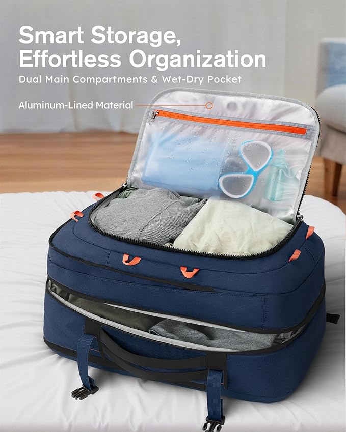 Tolaccea Travel Laptop Backpack, TSA Flight Approved Carry On Travel Duffel Backpack, Dual Laptop Storage for 17.3" and 15.6" Laptop, Large Luggage Backpack 40-45L Expandable for Men Women (Navy Blue)