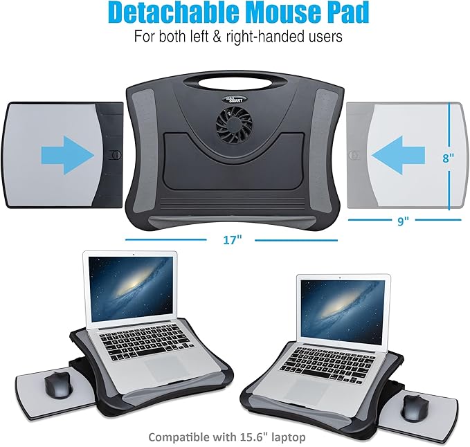 Laptop Lap Pad Laptop Stand with Attached Mouse Pad, Cushion and USB Cooling Fan, Non-Slip Heat Shield Tablet Computer Stand for Sturdy Work Station for Home, Office, Bed Sofa, Couch and Car