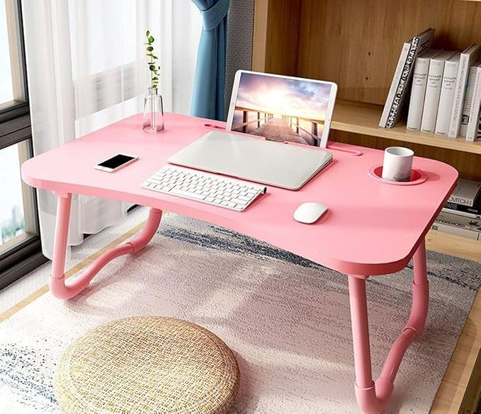 Laptop Desk Foldable Bed Table, Portable Lap Desk Laptop Bed Tray Table with Storage Drawer and Cup Holder, Lap TraysTables Notebook Stand Reading Desks Breakfast Tray for Beds Couch Sofa Floor – Pink