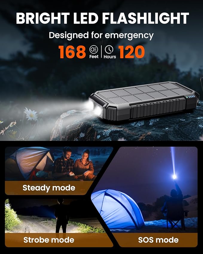 Riapow Solar Charger Power Bank - 27000mAh/99000mWh Wireless Portable Charger Built in 2 Cables - 22.5W Fast Charging Battery Bank with USB C in/Output - PD QC 3.0 Battery Pack Flashlight for Outdoor