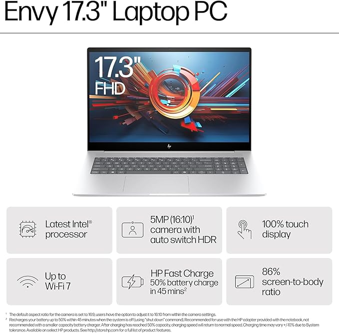HP Envy 17.3" Business Laptop, FHD Touchscreen, Intel Core Ultra 7 155U, Lightweight, HDMI, Thunderbolt 4, IR Camera, Wi-Fi, Windows 11 Pro, 64GB DDR5 RAM, 1TB SSD