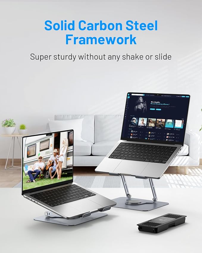 Laptop Cooling Stand with Detachable Thermoelectric Cooler, Adjustable Height & Angle, 360 Rotation Base, Carbon Steel Framework, Ultra-Quiet & Super Sturdy for up to 15.6” Laptop (Grey)