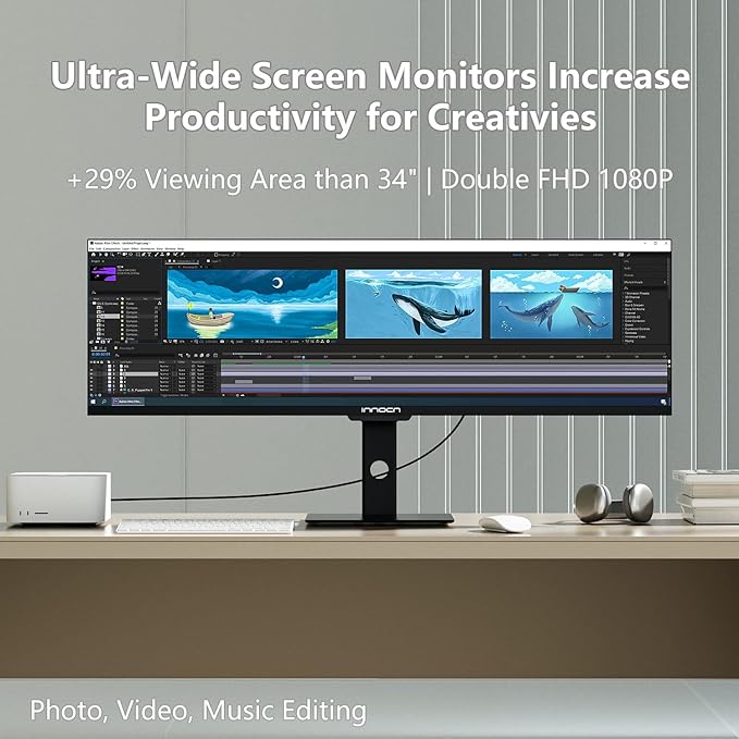 INNOCN Ultrawide Monitor 43.8" WFHD 3840 x 1080p 120Hz 32:9 IPS Computer Split Screen 96% DCI-P3 HDR400 FreeSync Premium USB Type-C HDMI Height Adjustable Mountable - 44C1G