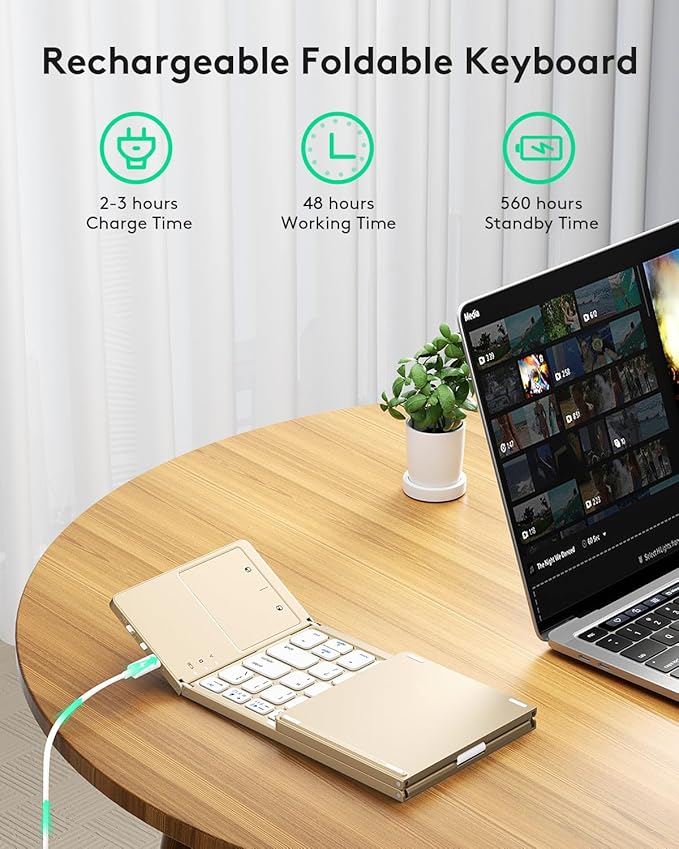 Samsers Foldable Bluetooth Keyboard with Touchpad - Portable Wireless Keyboard with Holder, Rechargeable Full Size Ultra Slim Pocket Folding Keyboards for Android Windows iOS Tablet & Laptop - Gold