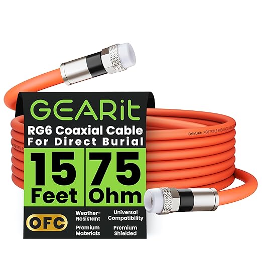 GEARit Coaxial Cable for Direct Burial (15ft) RG6 70 Ohm RF Rubber Boot Waterproof Underground in-Wall with Rubber Boot, High-Speed Internet, Broadband, Digital TV Aerial, Satellite Cable 15 Feet