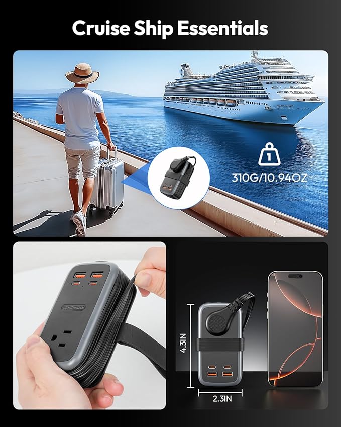 NTONPOWER GAN Ultra 65W USB Fast Charging Station, 7 in 1 Travel Power Strip with 3 Outlets 4 USB (2 USB C), Extension Cord 4ft, Travel Essentials, Cruise Power Strip Compatible with MacBook, iPhone