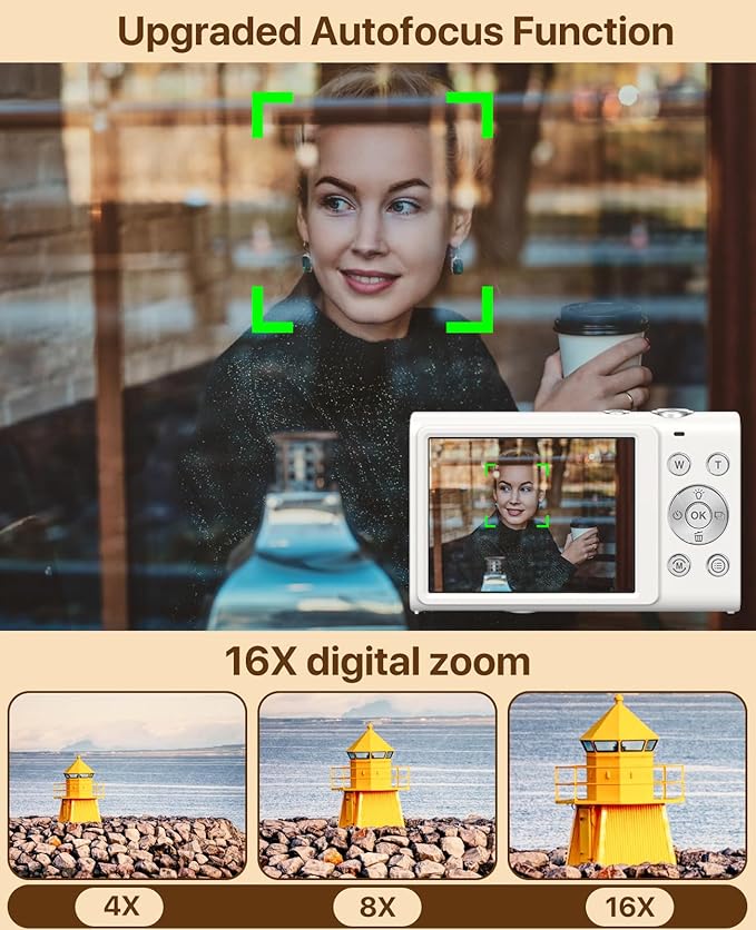 Digital Camera, 4K Vlogging Camera for YouTube Autofocus Cameras for Photography with 16X Digital Zoom, 48MP Compact Point and Shoot Digital Camera for Teens Adult with 32GB SD Card, 2 Batteries-White