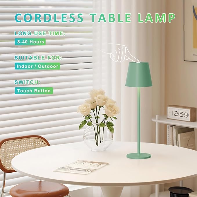Kakanuo Green Cordless Table Lamps, Rechargeable Lamp, Battery Operated Lamps, Touch Control Table Lamps, 3 Color Temperature, Stepless Dimmable, LED Portable Wireless Battery Lamp, Set of 2