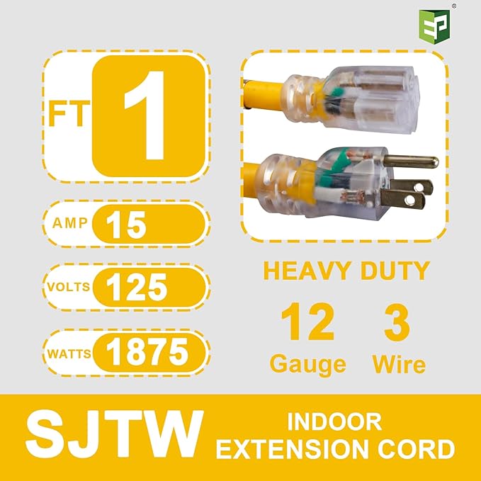 EP 2 Pack 1 ft Lighted Extension Cord - 12/3 SJTW Heavy Duty Yellow Extension Cable with 3 Prong Grounded Plug - 15AMP Power Cord for Lawn, Garden, Appliances