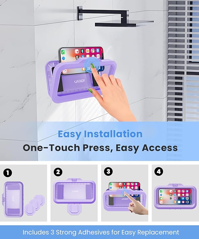 URROY Shower Phone Holder Waterproof One-Touch Open Shower Phone Case Anti-Fog & Sensitive Touchscreen Bathroom Wall Phone Mount Stand Universal Fit for iPhone & Smartphones Gift for Men Women Violet