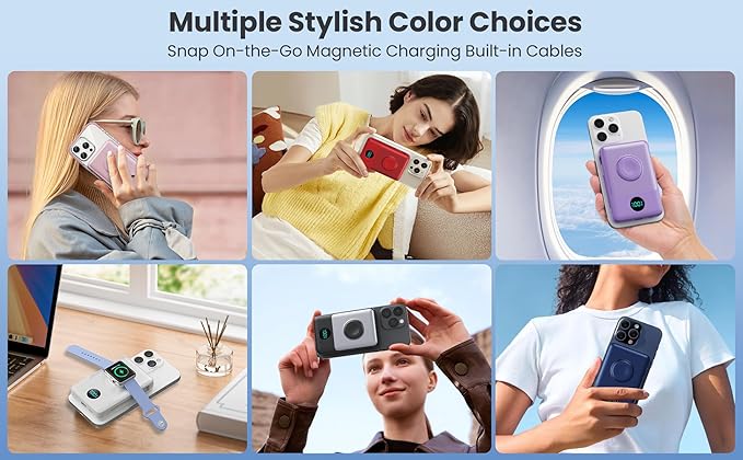 Magnetic Portable Charger for iPhone with Built-in Cables, 6-in-1 10800mAh Power Bank with iWatch Charger & LCD Display,25W Fast Charging Battery Pack for iPhone 16/15/14/13/12,Apple Watch (Blue)