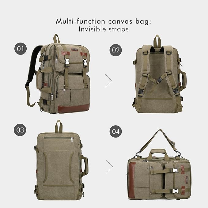 WITZMAN Canvas Travel Backpack for Men Large Laptop Backpack Fit 17 inch Carry-on Airline Approved Convertible Shoulder Rucksack(A6617-3 Army Green)