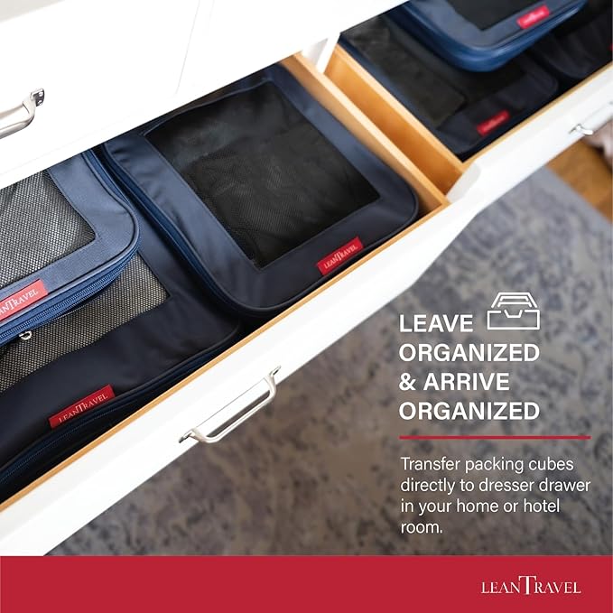 LeanTravel Compression Packing Cubes for Travel Organizers with Double Zipper (6-Pack (2L+2M+2S), Navy)