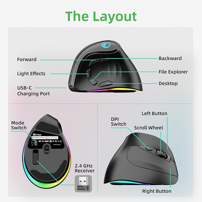 2.4G / BT/Wired Tri-Mode RGB Rechargeable G53 Wireless Vertical Ergonomic Mouse, 5 Side Buttons, Max 8400 DPI, for PC Computer Notebook Laptop, for Windows 11 10, Mac, iPad OS, Android - Black