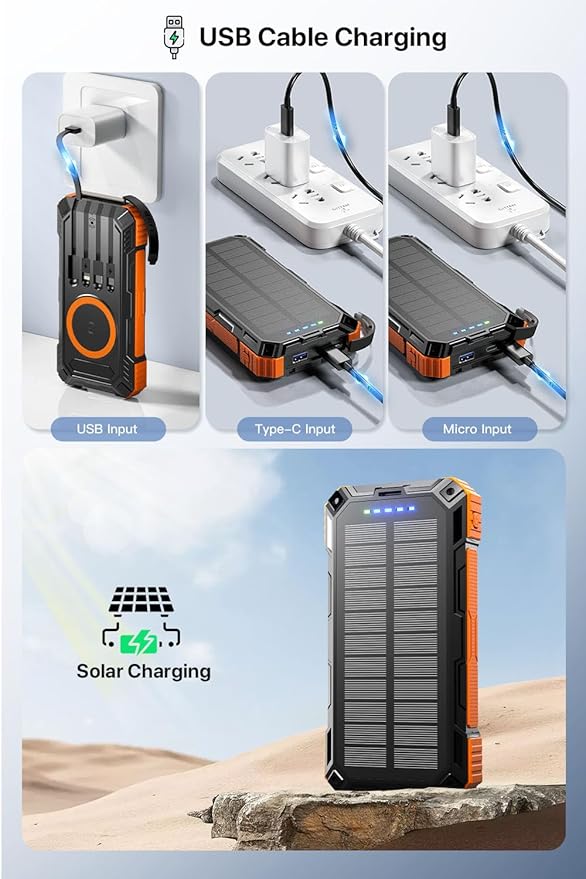 Power Bank 49800mAh Solar Charger Wireless Charging USB-C 5V/3.1A Fast Charging with 4 Built-in Cables LED Flashlight Battery Pack Compatible with iPhone, iPad, Galaxy, Perfect for Camping, Hiking