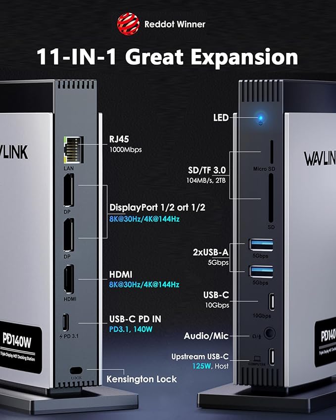 WAVLINK Laptop Docking Station 3 Monitors(Max Resolution: Single 8K or Triple 4K), 11-in-1 USB C Docking Station with 125W PD3.1 Pass-Through & Power Adapter, HDMI + 2* DP, for MacBook M1–M4 & Windows