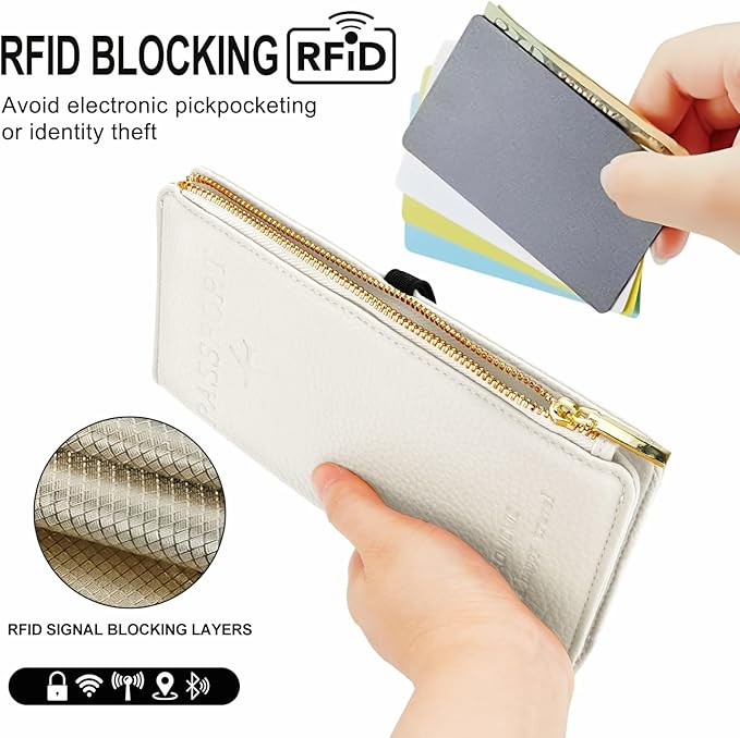 DOB SECHS Passport Holder for Travel Women RFID Blocking Leather Passport Wallet Travel Document Organizer Pouch Bag, Slim Passport Cover Case with Zipper Cash Pocket Purse+Card Slots+ID Window, White