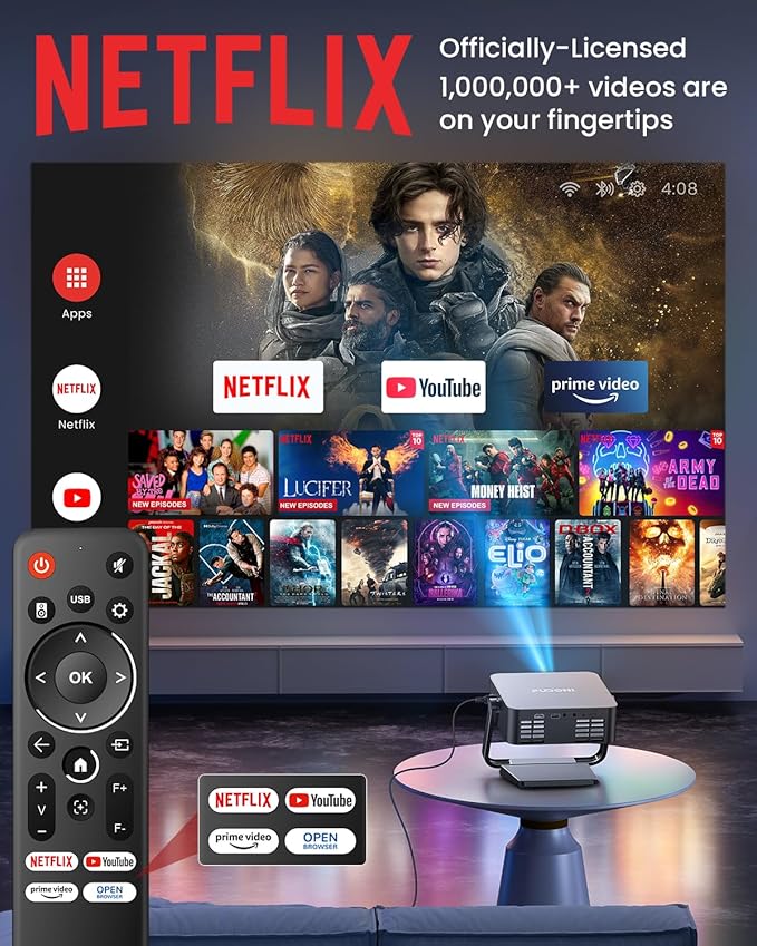 [Netflix-Officially-Licensed] FUDONI 4K Smart Projector with WiFi 6 & Bluetooth, Auto Keystone/Electric Focus, Zoom Correction, HDMI/USB/iOS/Android Compatible, Portable Proyector for Home & Outdoor