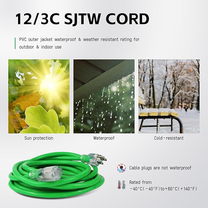 EP 25 Ft Outdoor Extension Cord, 12/3 SJTW Heavy Duty Waterproof Power Cable, 3 Prong Grounded Plug, Lighted End, for Lawn, Garden, Appliances, Green