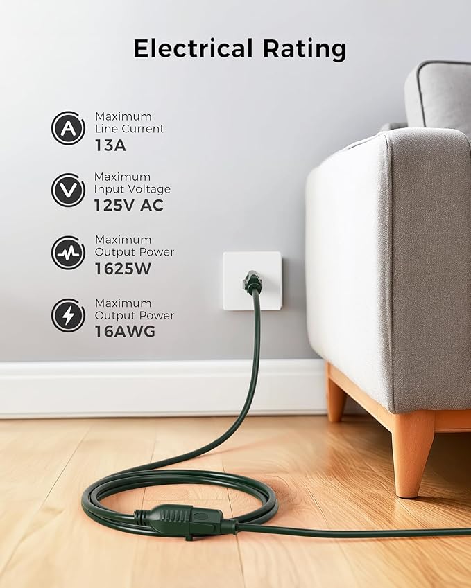 [UL Listed] Cable Matters 2-Pack 16 AWG Heavy Duty 13A Power Extension Cord - 10ft, 3 Prong Power Cord Extension, NEMA 5-15P to NEMA 5-15R, Green