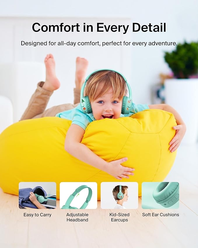 Belkin SoundForm Mini - Wireless Bluetooth Headphones for Kids with 30H Battery Life, 85dB Safe Volume Limit, Built-in Microphone - Kids On-Ear Earphones for iPhone, iPad, Fire Tablet & More - Mint