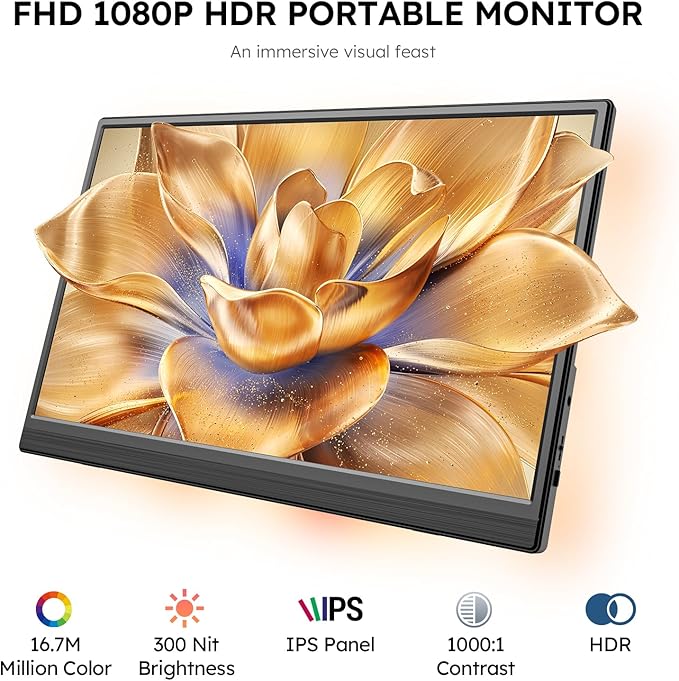 15.6" Portable Monitor FHD 1080P USB-C HDMI External Second Screen for Laptop, PC, Mac, Phone, PS5/PS4, Xbox, Switch IPS Ultra-Thin Gaming Display with Kickstand,Plug&Play