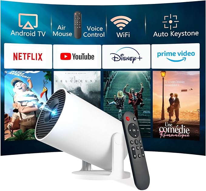 JREN Mini Android Projector Portable with WiFi and Bluetooth, Smart Projector with Auto Keystone, Outdoor Movie Projector for Bedroom Ceiling, Short Throw Roku Projector Home Theatre Mini