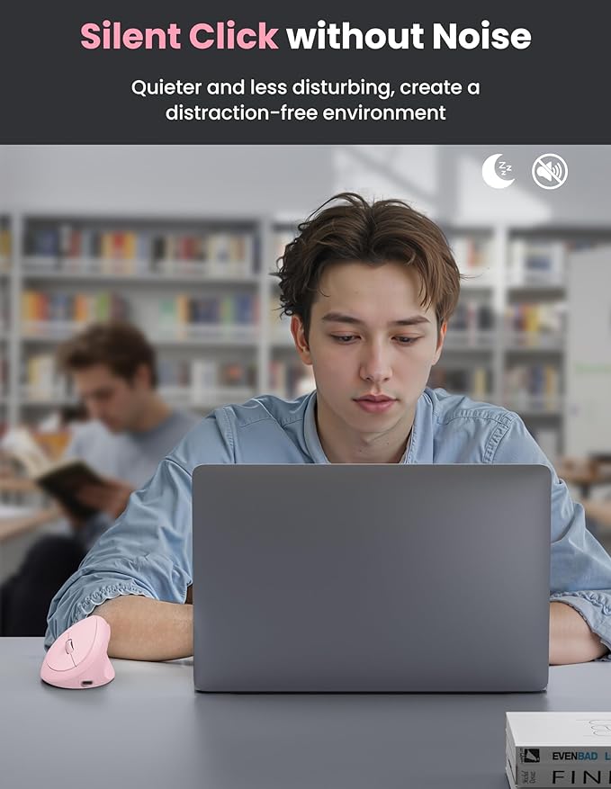 TECKNET Ergonomic Mouse, Bluetooth Wireless Vertical Mouse, Rechargeable Battery, Quiet Clicks, 4800 DPI Adjustable, BT5.0/3.0 & 2.4G Connect, Easy to use, Wide Compatibility - Pink