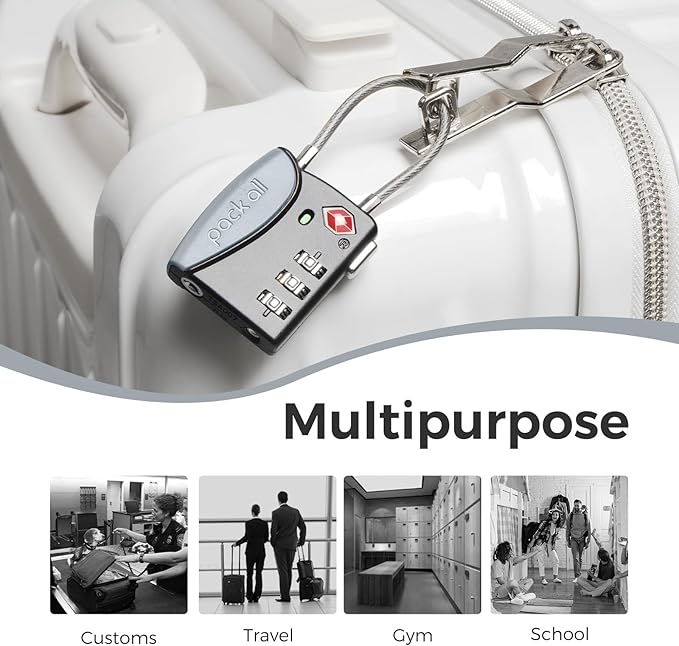 pack all TSA Approved Cable Luggage Locks, 3 Digit Combination Padlocks, Travel Lock for Suitcases & Bag, Alloy Body, Travel Accessories (4 Pack)（Grey）