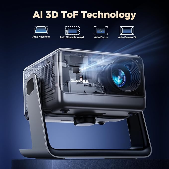 GooDee Video Projector With Wifi And Bluetooth, Smart Movie System/ Dolby Audio/ Auto Focus & Keystone Portable Projector, 4k Video Decode & 1080p Native For Home Theater / Outdoor