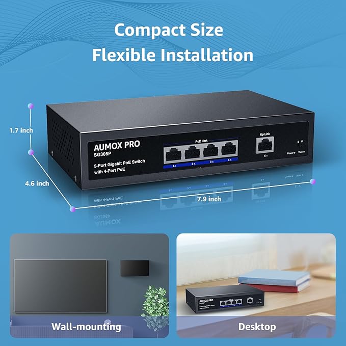 5 Port Gigabit PoE Switch,AUMOX PRO SG305P 4 Port PoE Gigabit Ethernet Unmanaged with 1 Uplink Gigabit Ports 78W,Plug and Play,Sturdy Metal Fanless Vlan Network Switch 802.3af/at,Desktop or Wall Mount