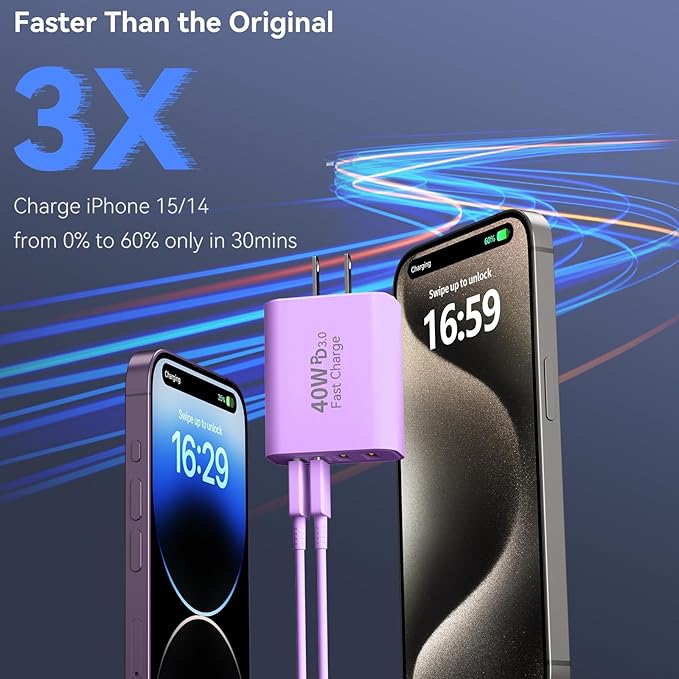 USB C Wall Fast Charger Block, 40W 4-Port Type C Chargers Fast Charging Blocks PD Power Charger Adapter+QC 3.0 USB Multiport Charger Brick for Phone 17/16/15/14/13/12 Pro Max, i-Pad, Galaxy S25-2Pack