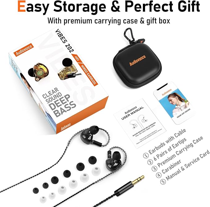 Vibes 202 Wired Earbuds - HiFi in Ear Monitor Headphones – Professional Noise-Isolating Ear Buds - Clear Sound, Deep Bass & Comfort-Fit IEM Earphones - MMCX to 3.5mm, Silver Plated Cord, Carrying Case