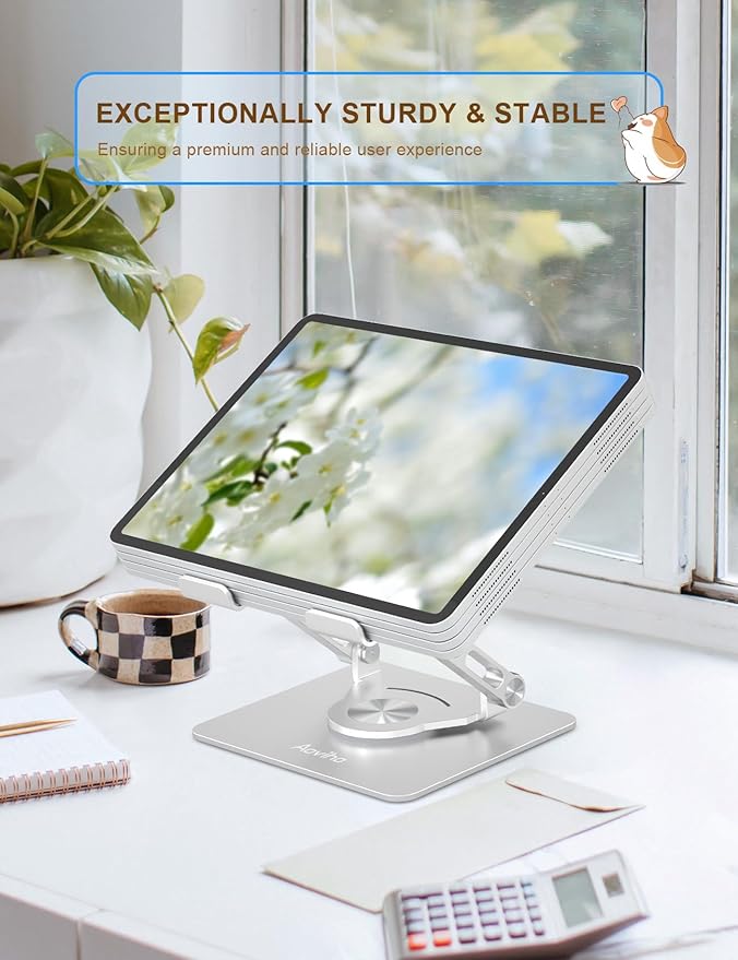 Tablet Stand 360° Rotating Aluminum Holder, Adjustable, Portable and Foldable Monitors Stand for iPads, Compatible with 4-12.9" Tablets, Silver