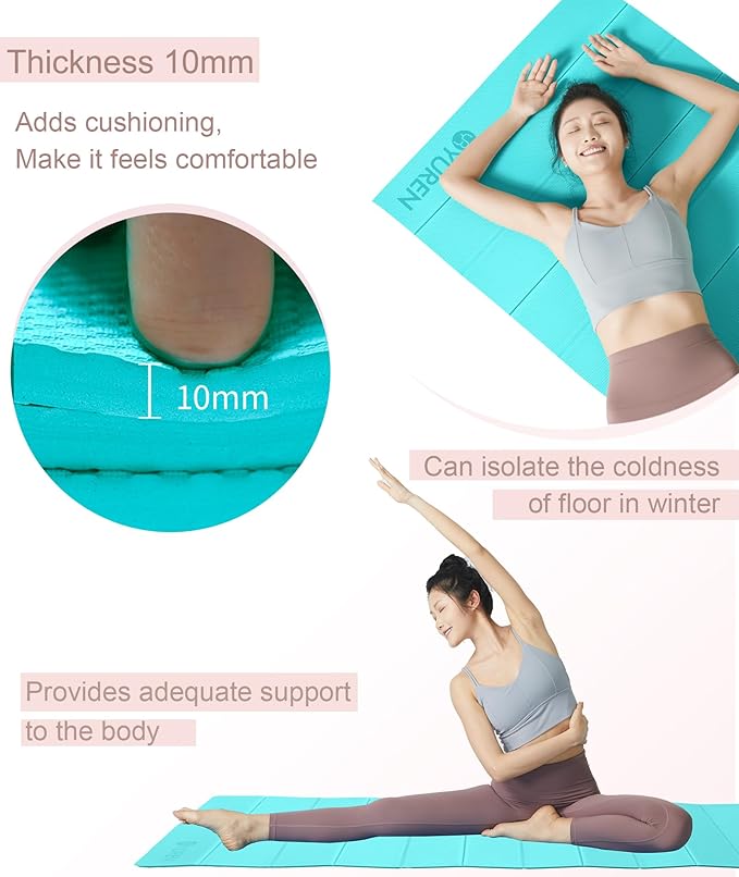 Foldable Yoga Mat 10mm Thick Wide Exercise Mat Non Slip Workout Mat for Home Gym, Travel, with Yoga Carrying Bag