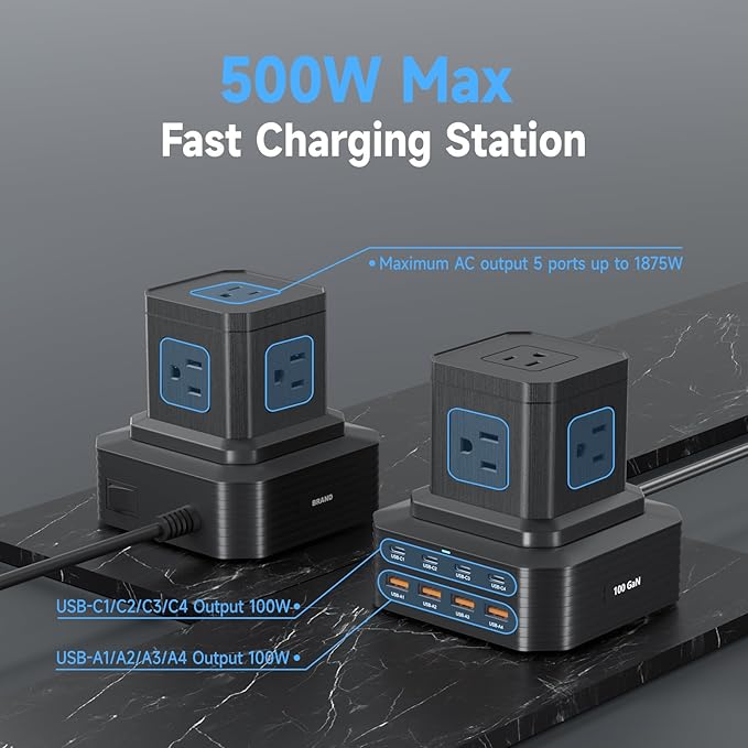 100W USB C Charging Station 13-in-1 Surge Protector Power Strip with 4 PD USB-C & 4 USB-A Ports, Adapt to MacBook Pro/Air, iPhone 15/14, iPad, and Multi-Device Office and Home Chargers