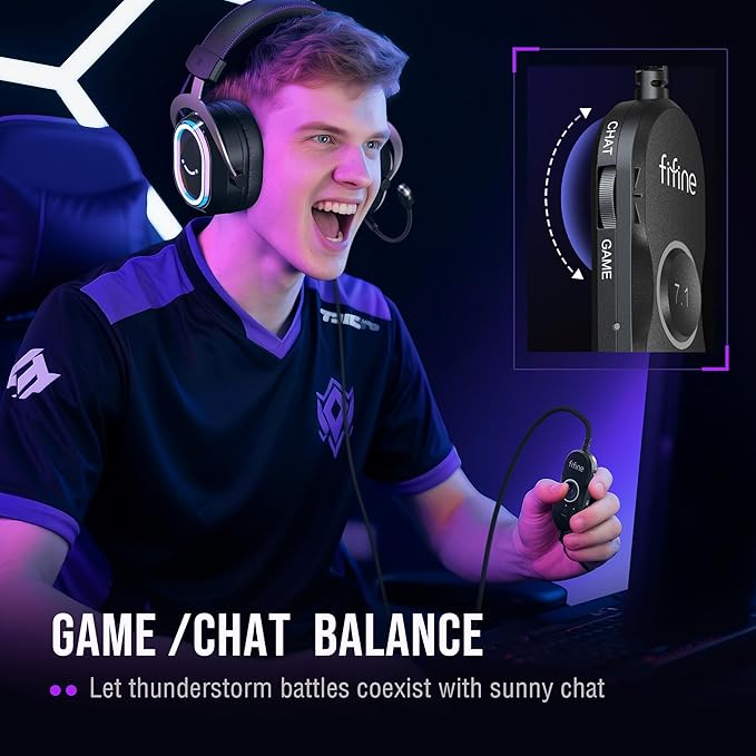 FIFINE Wired Gaming Headset: 7.1 Surround Sound - Vibrant RGB Lighting - NC Mic - Ergonomic Ear Pads - Control Box, Streaming USB Headset for PC, PS5/PS4, Laptop, Mac - AmpliGame H13BP (Black&Purple)