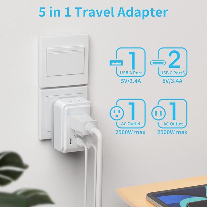 European Travel Plug Adapter Kit, VINTAR International Plug Adapter with 3 USB Ports (2 USB C,3.4A) 2 American Outlets, Type C,G,E/F Detachable Attachments, Adapter for US to UK Europe France Italy