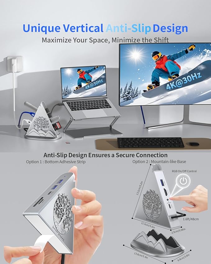 USB C Hub, 8-in-1 Vertical USBC to HDMI Tower Hub for MacBook, iPhone16, iMac, iPad, Surface, XPS, etc. (4K@30Hz HDMI Adapter, 5Gbps USB-Ax3 & USB-Cx1, SD/TF Card Reader, 100W PD, Silver)