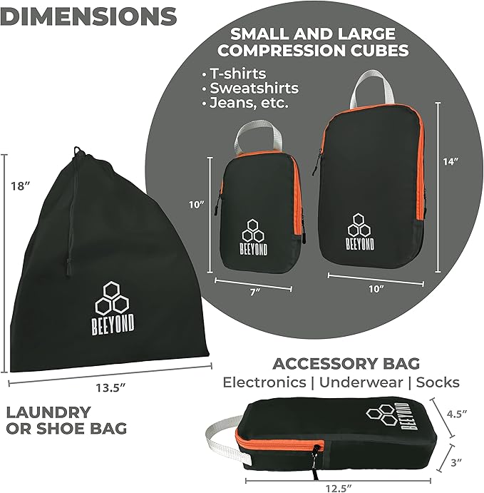 Beeyond Compression Packing Cubes Set - 6 Pieces for Travel and Luggage Organization, Includes Large & Small Cubes, Accessories Bag, and Laundry Bag