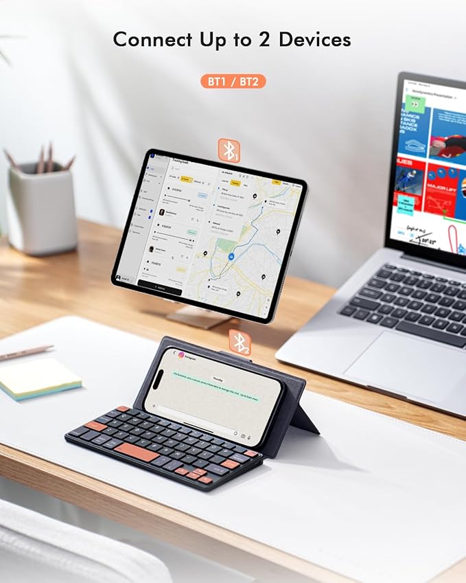 Doohoeek Universal Bluetooth Mini Keyboard, Wireless Compact Keyboard with Orange Navigation Keys & Any-Angle Stand for Android/iOS/Windows, Dual-Device Keypad for Phones/Galaxy Z Fold/iPad mini