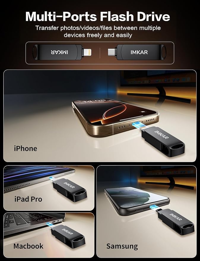 MFi Certified 512GB Flash Drive for iPhone iPad, IMKAR Memory Stick Storage for Photos Videos, Compatible with iPhone iPad Android and PC, Plug and Play No Application Required (Metal Gray)