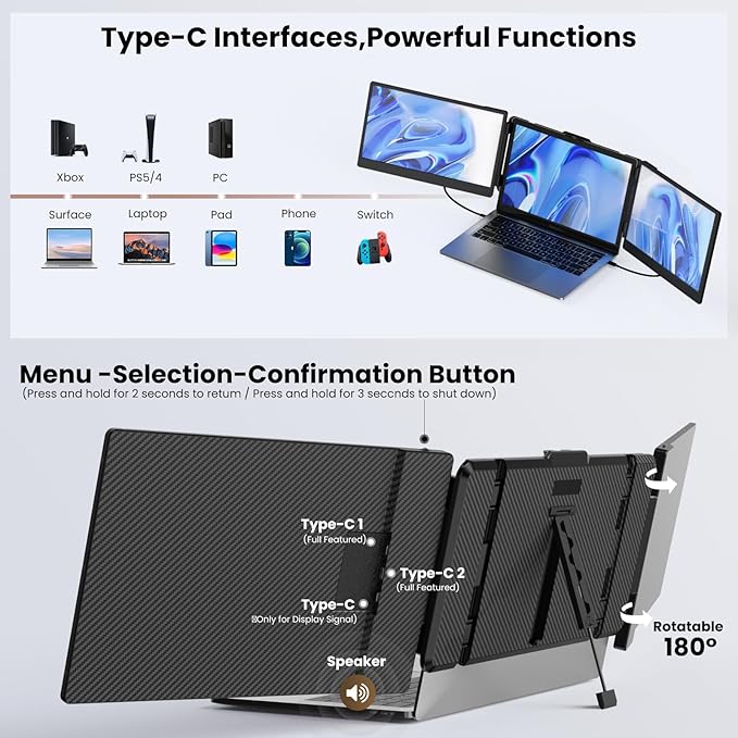 Laptop Screen Extender Kwumsy S2 Triple Monitor Extender Ultra Slim 14" 1080P FHD IPS Portable Monitor for Laptop with Stand Compatible with Mac Windows Linux Switch PS4/5
