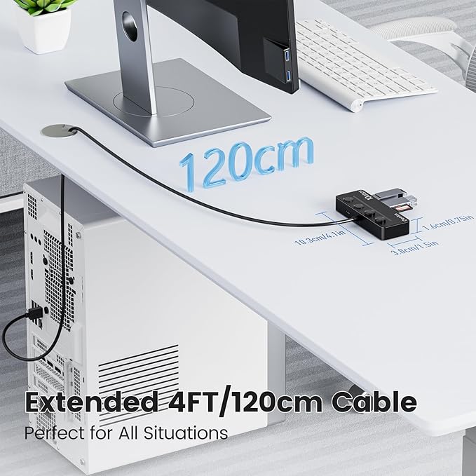 Qeefun 4-Port USB 3.2 Hub, Individual LED Power Switches, 10Gbps Data Transfer USB 3.2 Gen 2 Splitter with 4ft Extension Cable, Multiple USB Extender for Laptop, PC, iMac, USB Flash Drives and More