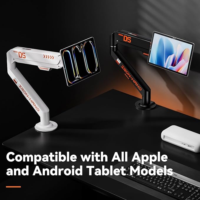 Magnetic Tablet Stand, Adjustable Desk Mount for iPad & All Tablets, 360° Rotating Foldable Arm with Gas Spring, Heavy Duty Aluminum, for Home Office, Kitchen, Bedside, Studio, Black