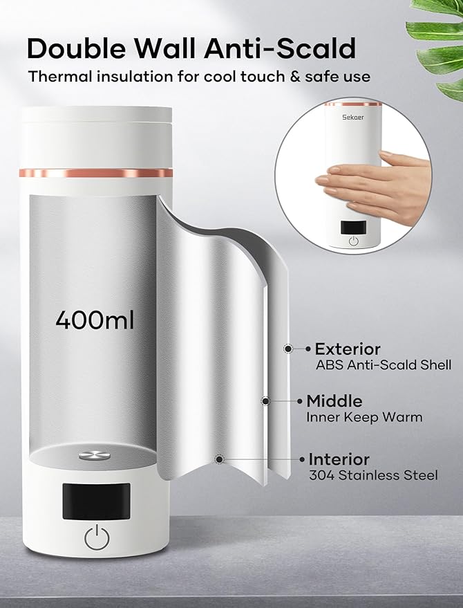 Sekaer Travel Portable Electric Kettle, Small Tea Kettle Coffee Mini Hot Water Boiler, 400mL & 304 Stainless Steel, with 4 Variable Presets and Auto Shut-Off SKE-840W